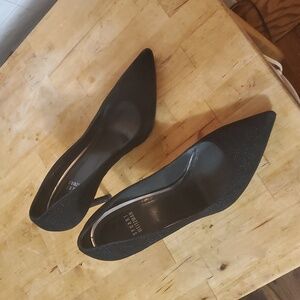 Black pebbled leather backed textile Stuart Weitzman pumps